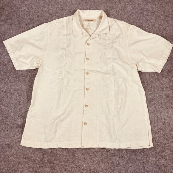 Tommy Bahama Other - Tommy Bahama Silk Button Down Mens Large Cream Jacquard Tropical Camp Shirt